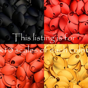 May include: A close-up image of 10 black, 10 red, and 10 gold scales. The scales are all the same size and shape, and they are arranged in a random pattern. This listing is for 10 scales of each color.