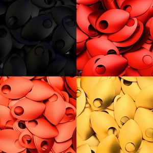 May include: A close-up image of four piles of metal scales. The scales are in four different colors: black, red, orange, and gold. The scales are all the same size and shape, and they are arranged in a grid pattern.