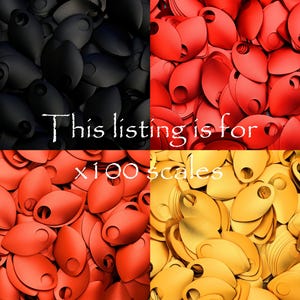 May include: A close-up image of 100 black, red, and gold metal scales. This listing is for x100 scales.