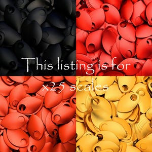 May include: A close-up image of 25 black, red, and gold metal scales. The scales are arranged in a random pattern. The text "This listing is for x25 scales" is visible in the center of the image.