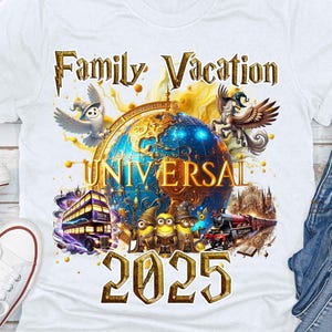 May include: White t-shirt with a graphic design featuring a globe with the words "Family Vacation Universal 2025" and images of Harry Potter, Minions, and Hogwarts.