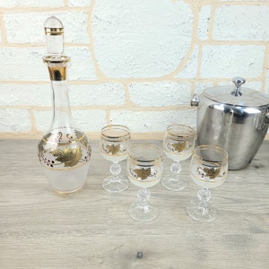 Vintage Bohemia Glam Decanter and Set of Four Glasses - Clear and Frosted Glass with Gold Leaf