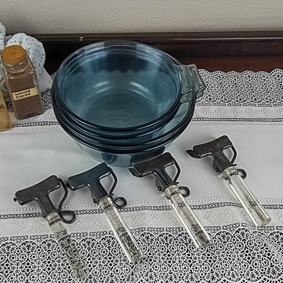 Vintage Blue Pyrex Flameware Pots Set of Four 4 Detachable Handles