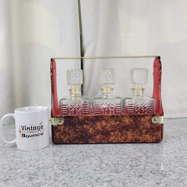 Vintage Glass Decanter Set with Faux Tortoise Shell Caddy - Barware Decanter - Vintage Barware - Vintage Decanters