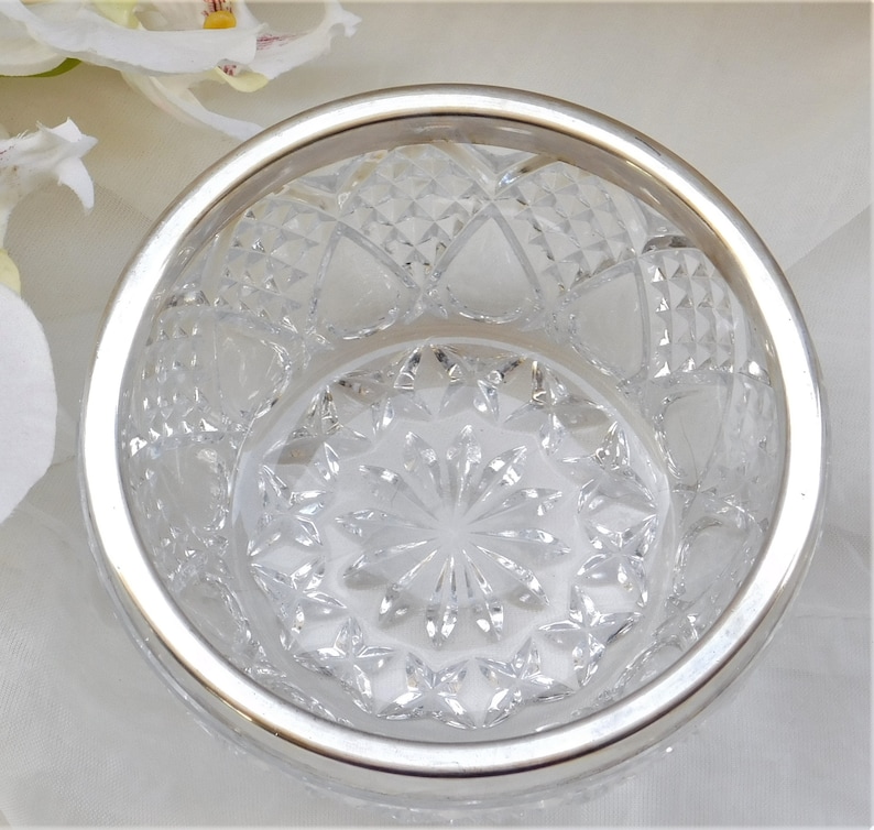 Pressed Carved Glass Bowl with Silver-Plated Rim Vintage Eales SauceDressing Bowl