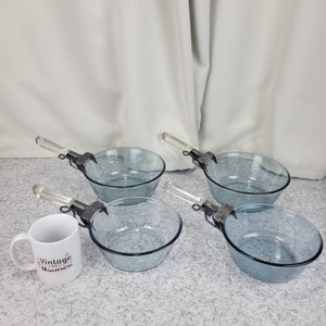 Vintage Blue Pyrex Flameware Pots - Set of Four (4) - Detachable Handles - Clear Handles