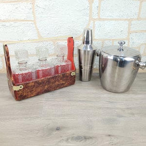 Vintage Glass Decanter Set with Faux Tortoise Shell Caddy - Barware Decanter - Vintage Barware - Vintage Decanters