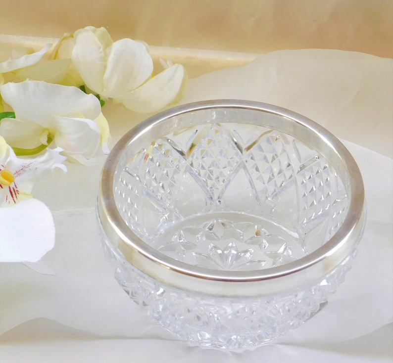Pressed Carved Glass Bowl with Silver-Plated Rim Vintage Eales SauceDressing Bowl