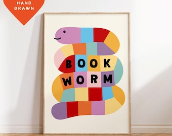 Book Worm Kids Print – Colourful Girls Nursery, Playroom Art (Digital Download)