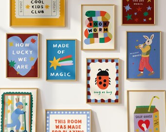 11 Colourful Boys Wall Art Set • Book Worm - Whimsical Nursery Prints (Digital Download)