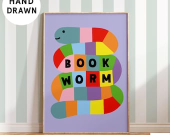 Book Worm Kids Print – Colorful Nursery, Playroom Art (Digital Download)