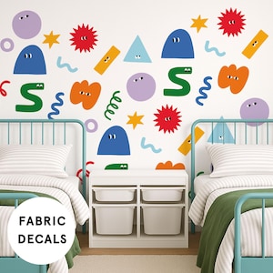 Large Colourful Doodle Fabric Wall Stickers – Removable Abstract Shapes for Kids Bedroom, Nursery or Playroom – Easy Peel Kids Wall Decor