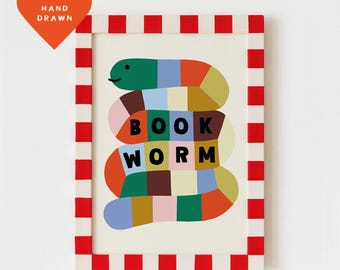 Book Worm Kids Print – Colourful Boys Nursery, Playroom Art (Digital Download)