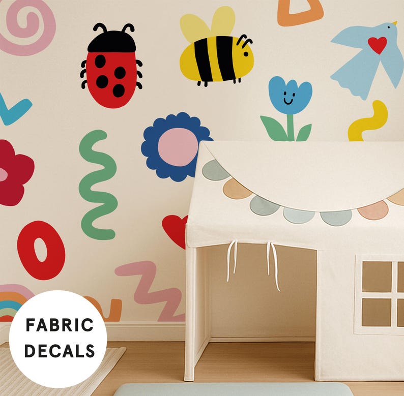 Huge Colourful Doodle Fabric Wall Stickers for Girls Nursery – Peel and ...