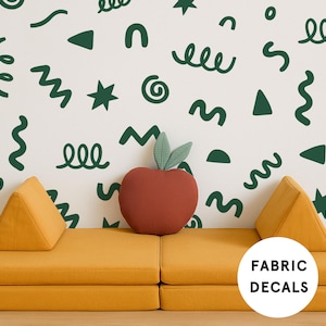 23 Green Doodle Fabric Wall Stickers – Removable Abstract Shapes for Kids Bedroom, Nursery or Playroom – Easy Peel Kids Wall Decor