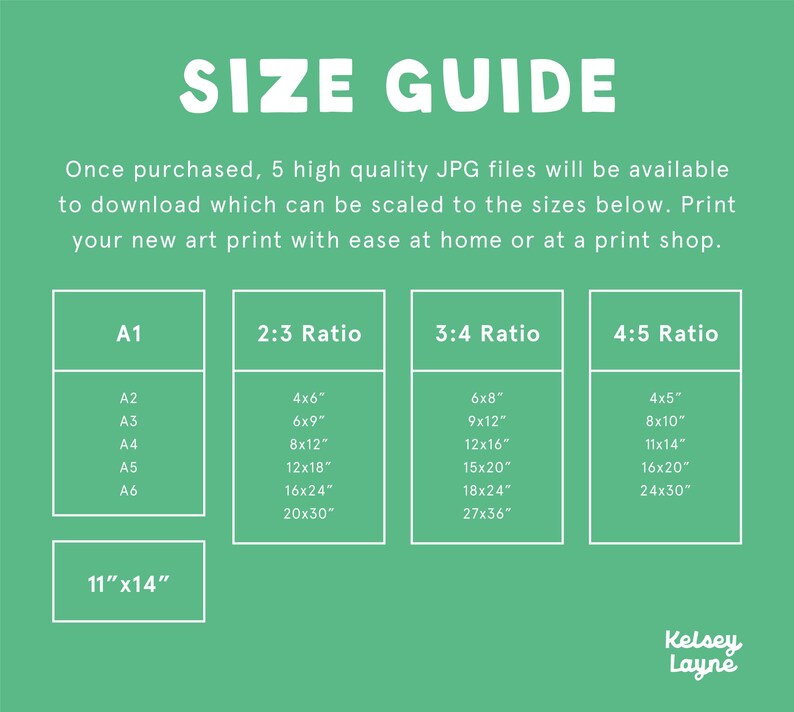 May include: A green graphic with the text "SIZE GUIDE" in white. The guide lists print sizes in inches, including 4x6, 8x10, 11x14, 16x20, and 24x30. The text also mentions downloadable JPG files.