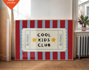 Ticket Stub: Cool Kids Club Art Print • Red Stripe Nursery Decor • Digital Download