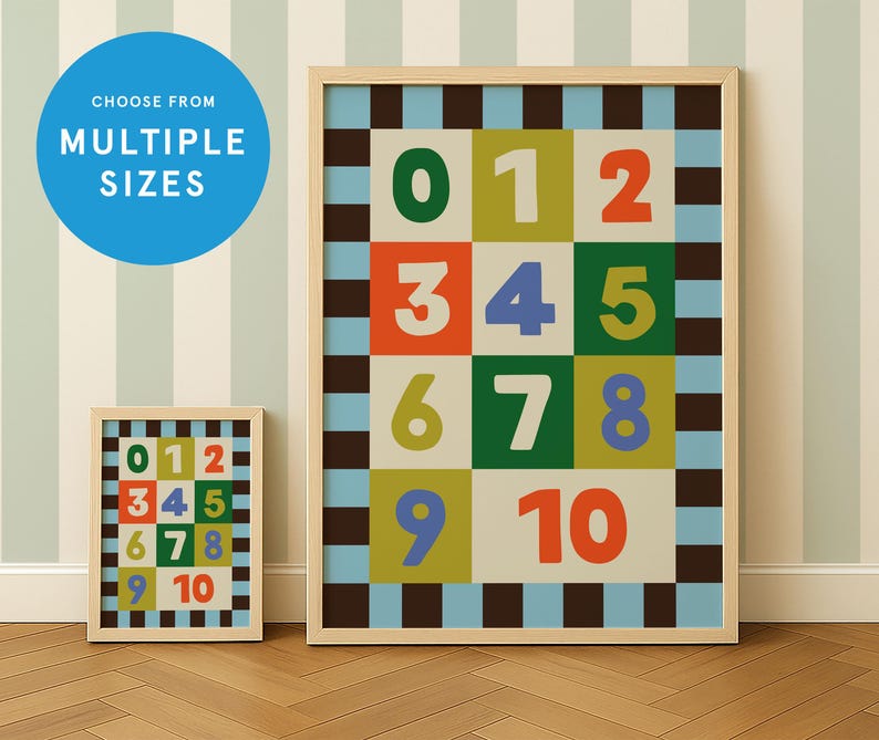 May include: Two framed number prints. The larger print displays numbers 0-10 in a grid of colorful squares. The smaller print mirrors the design. The text "CHOOSE FROM MULTIPLE SIZES" is in a blue circle in the upper left.