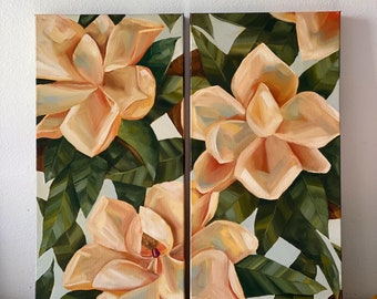 Daydream Magnolias Diptych (2) 10x20” oil paintings on gallery wrapped canvas