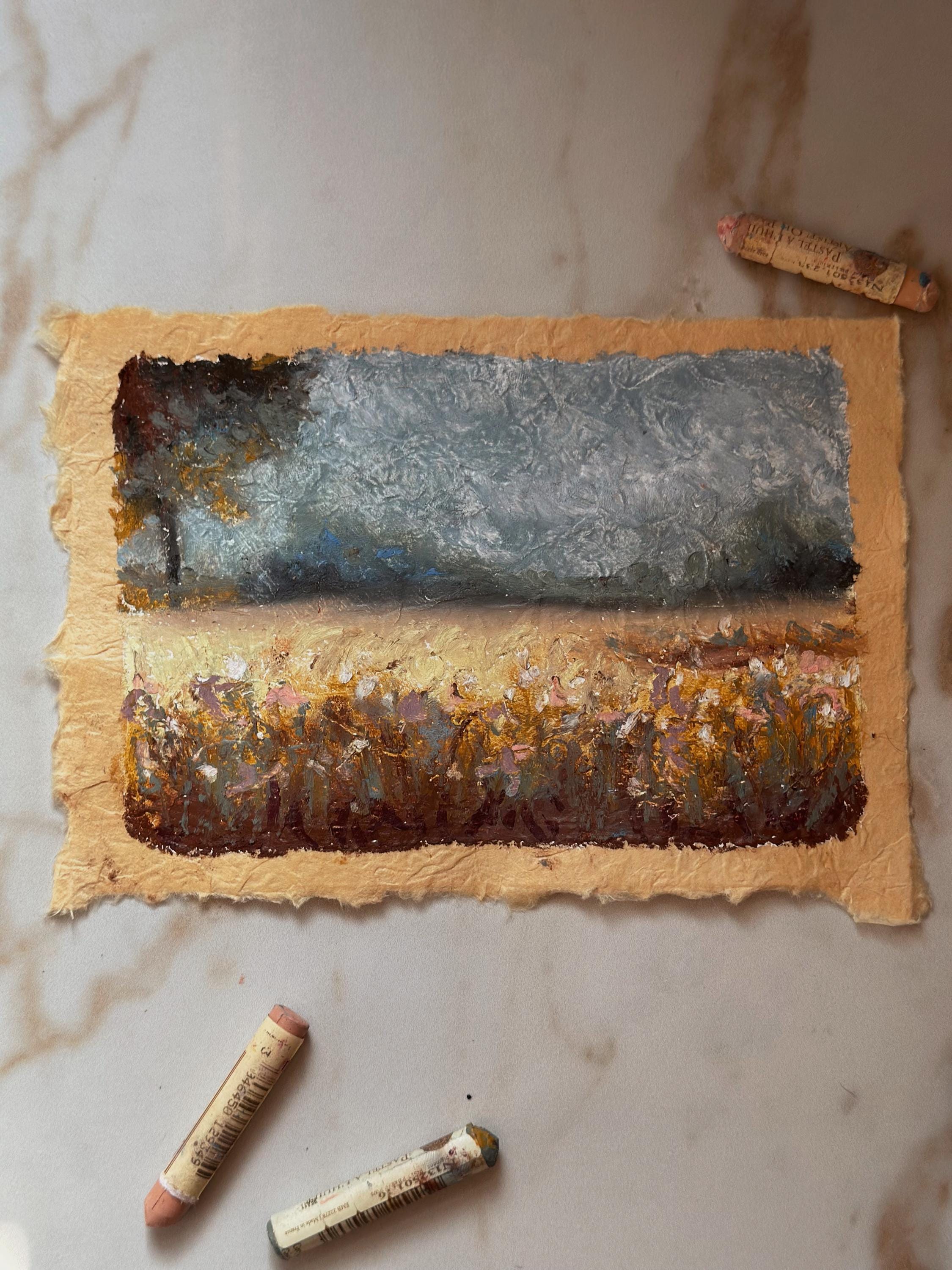 Flower Meadow Landscape Oil Pastel on Handmade Paper