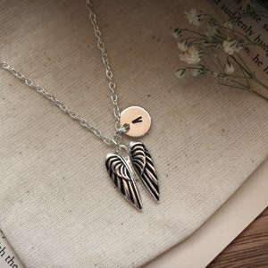 Personalized Initial Silver Plated Angel Wing Charm Pendant Necklace | Angel Wing Charm Jewelry | Personalized Initial Angel Wing Jewelry