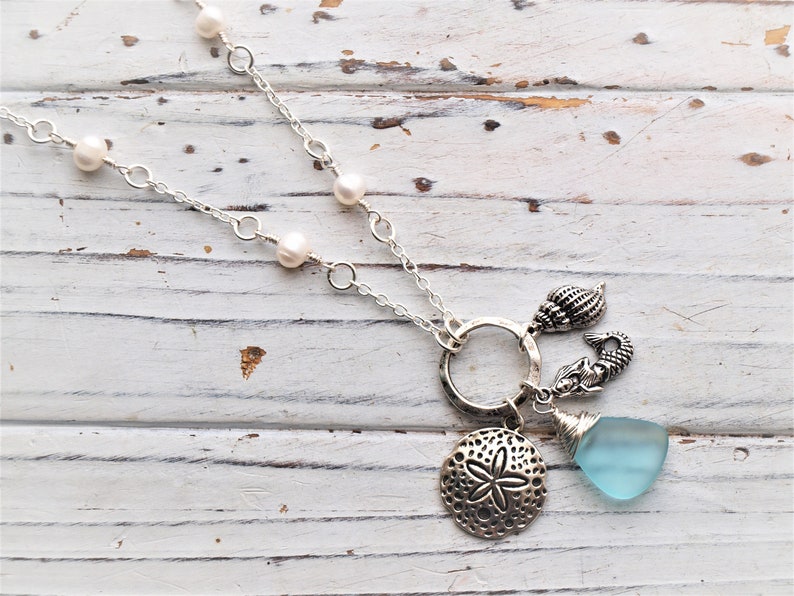 Women/'s Wire Wrapped Aqua Genuine Sea Glass Fresh Water Pearl Mermaid Necklace Beach Jewelry Gift Sea Glass Necklace Mermaid Jewelry