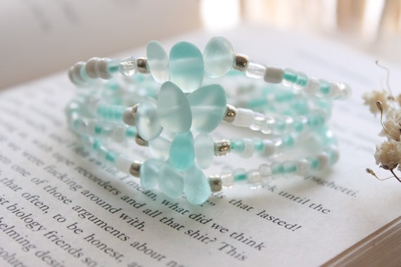 Handmade Seed Beaded Aqua Sea Glass Bracelet | Sea Glass Jewelry | Sea Glass Bracelet | Beach Wedding Jewelry | Beach Glass Jewelry Gift