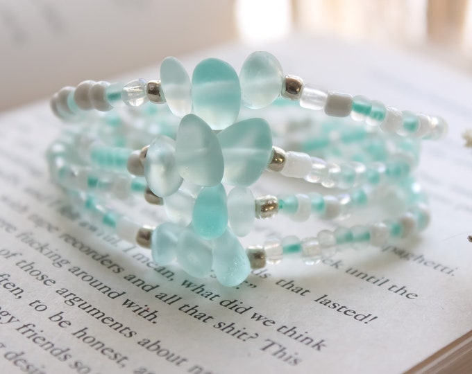 Handmade Seed Beaded Aqua Sea Glass Bracelet | Sea Glass Jewelry | Sea Glass Bracelet | Beach Wedding Jewelry | Beach Glass Jewelry Gift