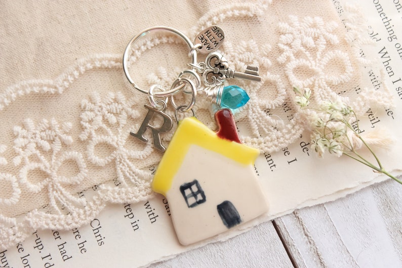 Personalized Initial And Birthstone Ceramic Yellow House Charm Keychain Personalized House Warming Keychain Personalized New Home Gift image 1