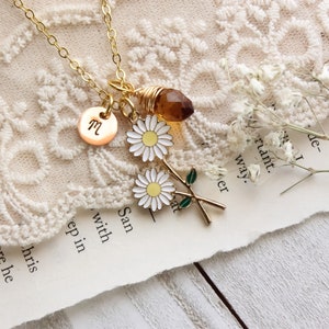 Persoanlized Initial And Birthstone Gold Plated Daisy Charm Necklace | Daisy Flower Necklace | Custom Daisy Flower Jewelry Gift For Women