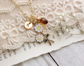 Persoanlized Initial and Birthstone Gold Plated Daisy Charm