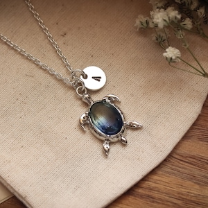 May include: A silver necklace with a blue gemstone turtle pendant and a silver charm with the letter A.