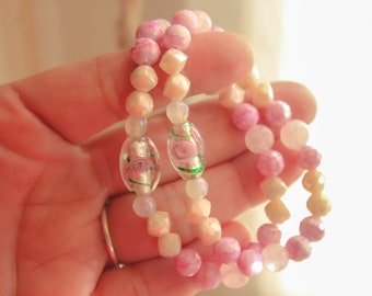 Women's Handmade Victorian Pink Glass Floral Beaded Bracelet | Pink Flower Glass Beaded Bracelet | Pink Vintage Floral Rose Beaded Bracelet