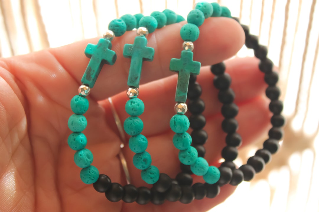 Bracciale Religioso Con Croce E Perline In Pietra Naturale - Regalo Per Donna Cristiana (Battesimo, Comunione)