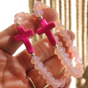Handmade Women&#39;s Christian Faith Magnesite Cross Pink Rondelle Glass Beaded Bracelet | Christian Cross Beaded Bracelet Jewelry | Cross Gift