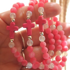 Women&#39;s Handmade Pink Cross Stone Beaded Bracelet | Christian Jewelry Gift | Faith Jewelry | Natural Cross Stone Religious Jewelry Gift