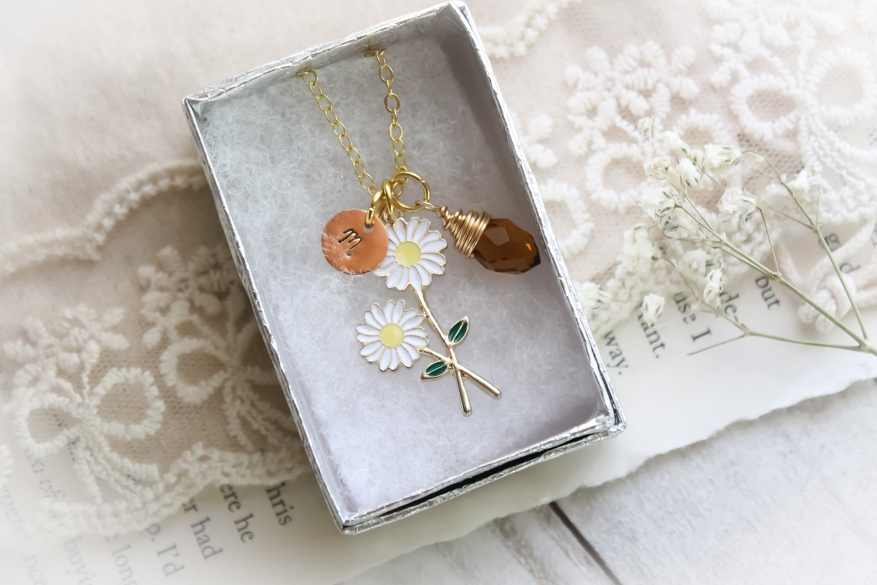 Persoanlized Initial and Birthstone Gold Plated Daisy Charm
