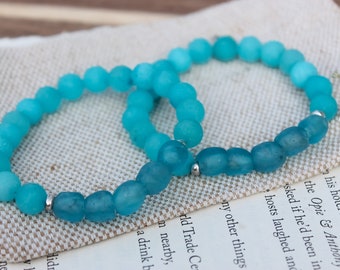 Aqua African Recycled Sea Glass Beaded Bracelet For Women .925 Sterling Silver | Aqua Sea Glass Jewelry | BOHO Aqua Sea Glass Beach Bracelet