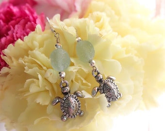 Handmade Sterling Silver Sea Turtle Earrings: Aqua Recycled Sea Glass Dangles