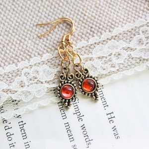 18K Gold Plated Victoran Red Orange Small Dangle Drop Hook Earrings | Victorian Earrings | Teardrop Earrings | Vintage Jewelry | Earrings