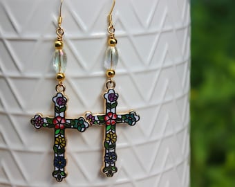 Floral Cross Glass Glass Beaded Dangle Drop Earrings For Women | Flower Cross Jewelry | Faith Cross Religious Jewelry Gift | Wedding Jewelry