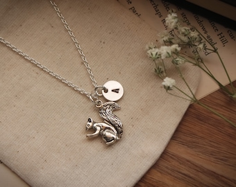 Personalized Initial Silver Squirrel Charm Pendant Necklace | Squirrel Charm Jewelry | Personalized Initial Squirrel Charm Jewelry Gift