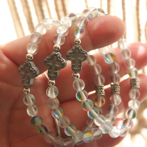 Women&#39;s Handmade Natural Gray Frosted Stone Cross Beaded Bracelet | Cross Jewelry | Cross Bracelet | Christian Faith Jewelry Gift For Her