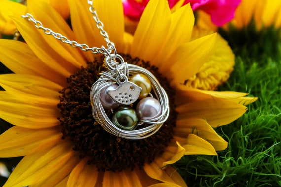 Mother's Family Birthstone Birds Nest Disc Necklace Mother's Family Birthstone Birds Nest Disc Necklace