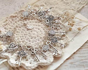 Women's Silver Handmade Antique Style Skeleton Key Charm Adjustable Bracelet | Secret Garden Key Charm Bracelet | Whimsical Keepsake Jewelry