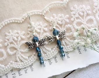 Silver Plated Glass Beaded Dragonfly Leverback Dangle Drop Earrings | Silver Dragonfly Dangle Earrings | Nature Earrings | Gift for Her