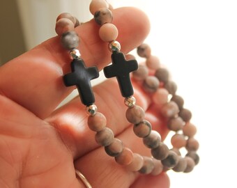 Handmade Women's Christian Faith Magnesite Cross Pink Zebra Jasper Beaded Bracelet | Personalized Christian Baptism Jewelry | Easter Jewelry