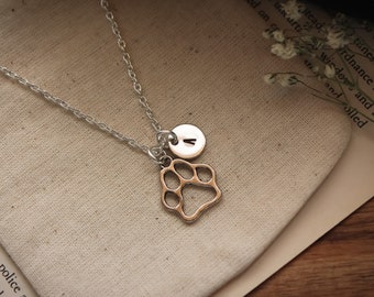 Personalized Initial Silver Dog Paw Print Charm Pendant Necklace | Dog Paw Print Charm Jewelry | Personalized Initial Paw Print Jewelry Gift