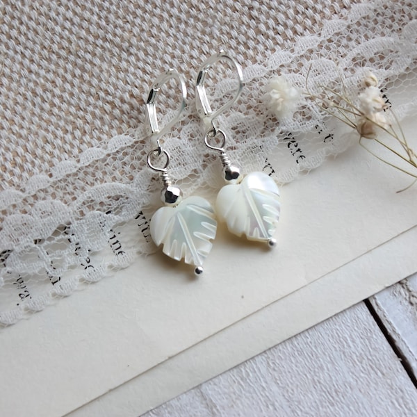 Antique Silver Victorian Mother Of Pearl Leaf Leverback Dangle Earrings | Victorian Earrings | Leaf Earrings | Mother Of Pearl Earrings Gift