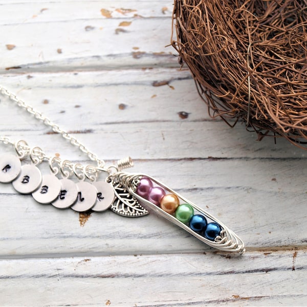 Personalized Family Initial And Birthstone Peas in a Pod Pendant Necklace | Miniature Peas In A Pod Necklace | Mother's Pea Pod Necklace